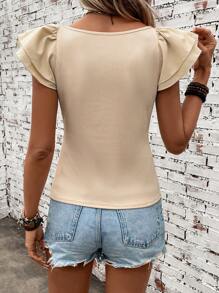 SHEIN Clasi Solid Butterfly Sleeve Tee - Apricot - View 3