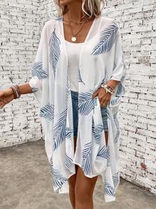Swim Vcay Kimono con estampado de hoja de manga murciélago bajo asimétrico con parte delantera abierta - Blanco - Ver 1