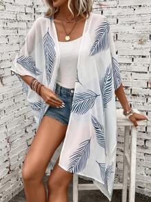 Swim Vcay Kimono con estampado de hoja de manga murciélago bajo asimétrico con parte delantera abierta - Blanco - Ver 3