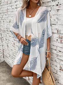 Swim Vcay Kimono con estampado de hoja de manga murciélago bajo asimétrico con parte delantera abierta - Blanco - Ver 4