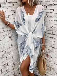 Swim Vcay Kimono con estampado de hoja de manga murciélago bajo asimétrico con parte delantera abierta - Blanco - Ver 5