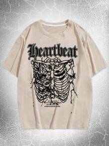 ROMWE MEN Goth Men Skeleton & Letter Graphic Tee - Khaki - View 1