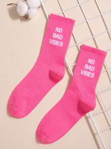 Women Letter Graphic Crew Socks - Hot Pink - View 1