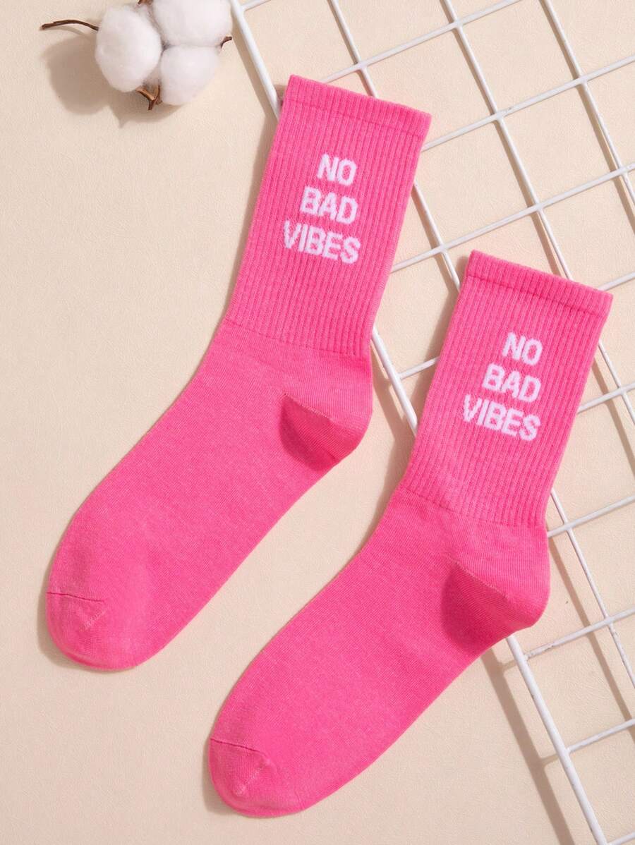 Women Letter Graphic Crew Socks - Hot Pink - View 1