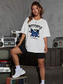 SHEIN EZwear Butterfly & Slogan Graphic Drop Shoulder Tee BUTTERFLY IT ALSO HAS ITS OWN UNIQUE CHARM - White - View 3