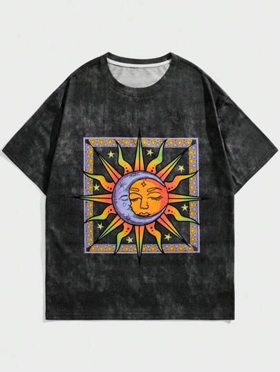 Guys Tie Dye Sun & Moon Print Drop Shoulder Tee