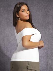 SHEIN SXY Plus Asymmetrical Neck Fold Pleated Detail Tee - White - View 2