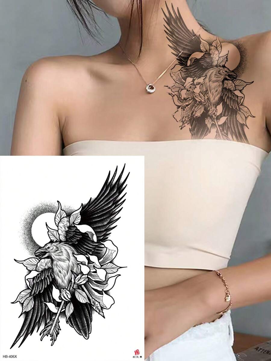 假紋身貼1張寵物老鷹圖案防水臨時紋身貼日常裝飾 - 黑色 - 查看 1