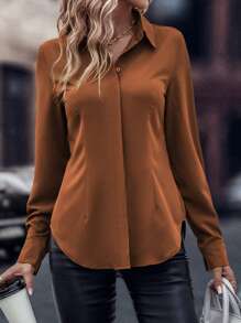 SHEIN LUNE 素色弧形下擺襯衫 - 橘色 - 查看 4