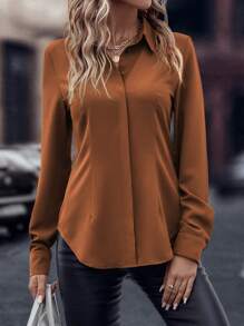 SHEIN LUNE 素色弧形下擺襯衫 - 橘色 - 查看 6