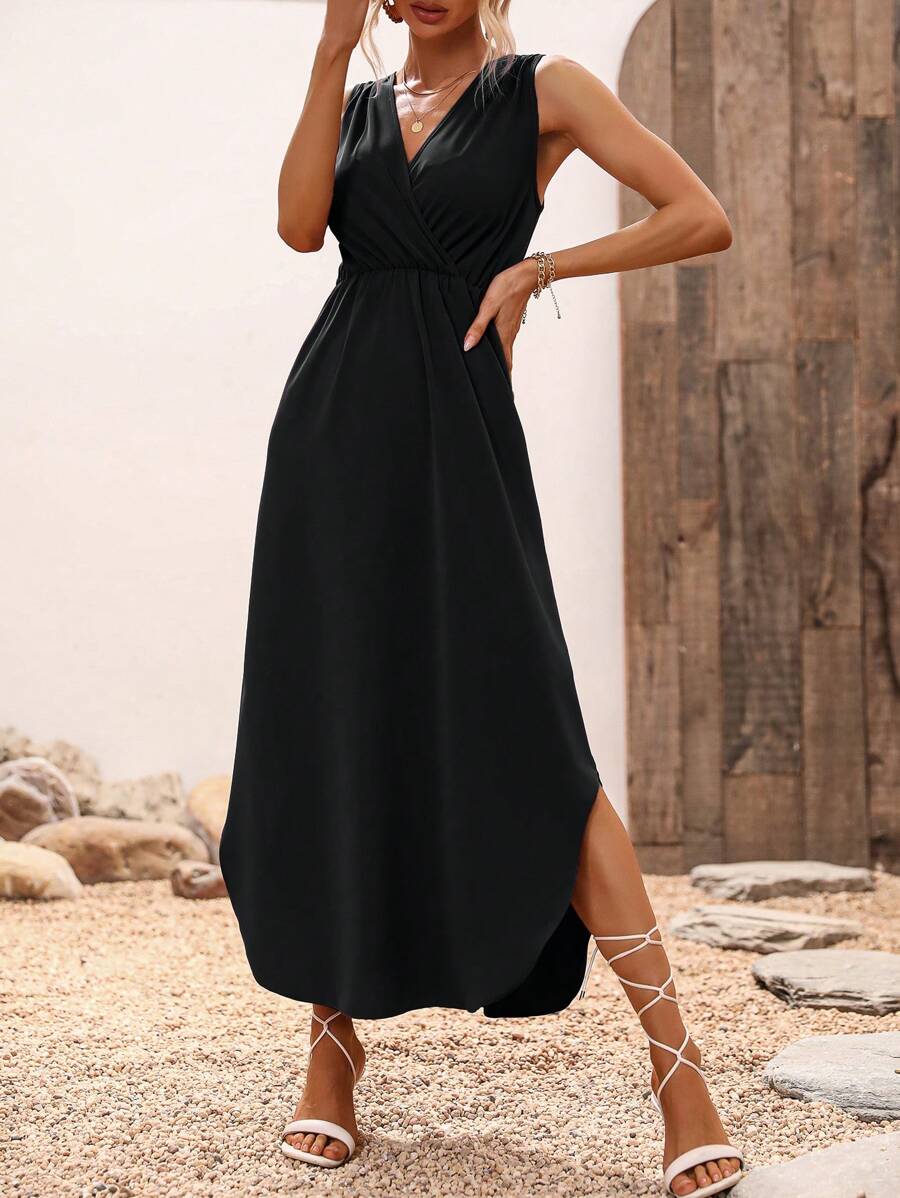 SHEIN LUNE Solid Split Thigh Curved Hem Dress - Black - View 1