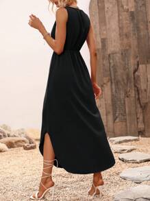 SHEIN LUNE Solid Split Thigh Curved Hem Dress - Black - View 2