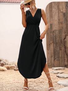 SHEIN LUNE Solid Split Thigh Curved Hem Dress - Black - View 6