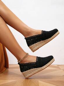 女性鏤空編織宮廷度假黑色織物鞋 - 黑色 - 查看 2