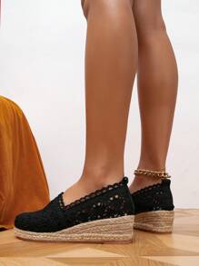 女性鏤空編織宮廷度假黑色織物鞋 - 黑色 - 查看 3
