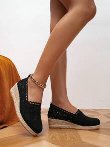 女性鏤空編織宮廷度假黑色織物鞋 - 黑色 - 查看 4