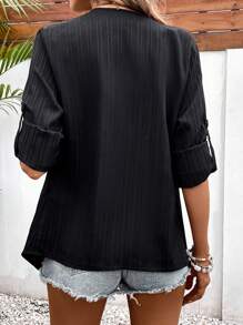 SHEIN LUNE Waterfall Collar Roll Tab Sleeve Open Front Coat - Black - View 2