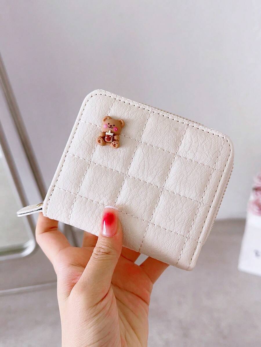 Quilted Pattern Small Wallet Cartoon Bear Decor Portable , Money , Cash White-collar Workers , For Female College , Work , Business , Commute , Office , For Anniversary , For Lover , For Birthday Gift , On Valentine Day Christmas gift , Thanksgiving gift - Krem - View 1