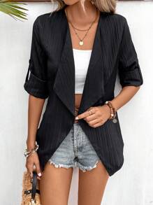 SHEIN LUNE Waterfall Collar Roll Tab Sleeve Open Front Coat - Black - View 3