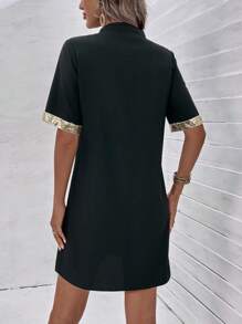 SHEIN LUNE Đầm ghép mộng kim sa Uốn nếp màu trơn Giải trí - màu đen - Xem 3