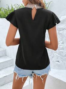 SHEIN LUNE Guipure Lace Panel Butterfly Sleeve Blouse - Black - View 2