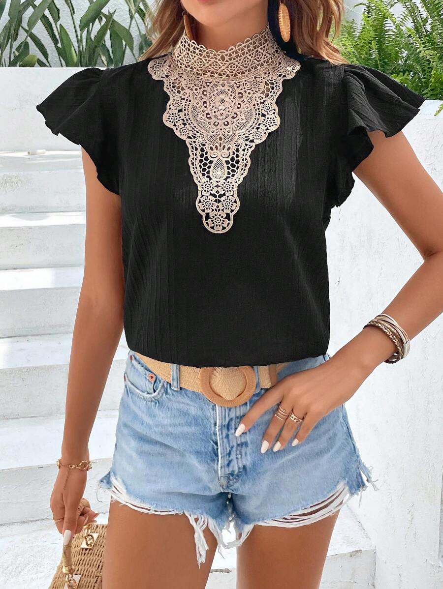 SHEIN LUNE Guipure Lace Panel Butterfly Sleeve Blouse - Black - View 1