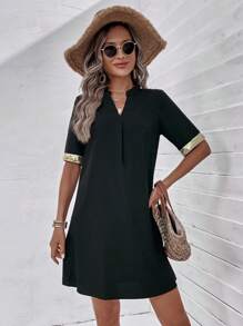 SHEIN LUNE Đầm ghép mộng kim sa Uốn nếp màu trơn Giải trí - màu đen - Xem 4