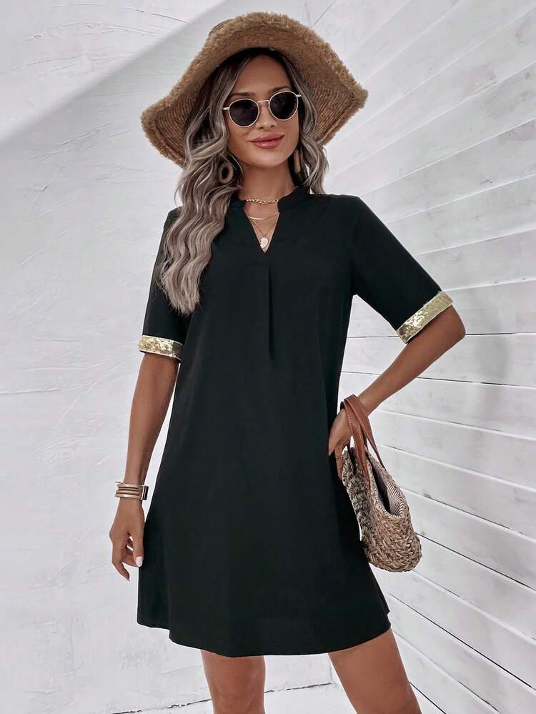 SHEIN LUNE 亮片拼接缺口領直筒連衣裙 - 黑色 - 查看 4