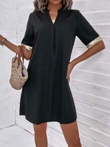 SHEIN LUNE Đầm ghép mộng kim sa Uốn nếp màu trơn Giải trí - màu đen - Xem 5