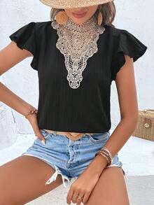SHEIN LUNE Guipure Lace Panel Butterfly Sleeve Blouse - Black - View 4