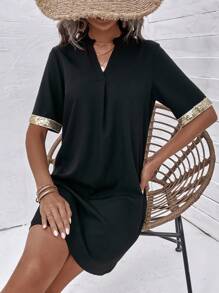 SHEIN LUNE Đầm ghép mộng kim sa Uốn nếp màu trơn Giải trí - màu đen - Xem 6