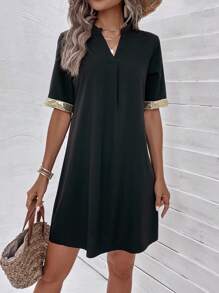 SHEIN LUNE Đầm ghép mộng kim sa Uốn nếp màu trơn Giải trí - màu đen - Xem 1