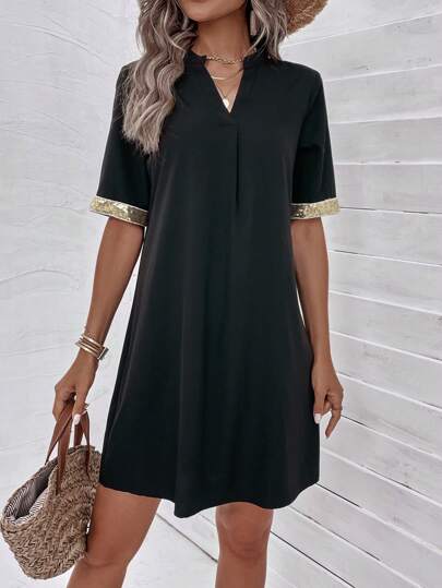 SHEIN LUNE 亮片拼接缺口領直筒連衣裙