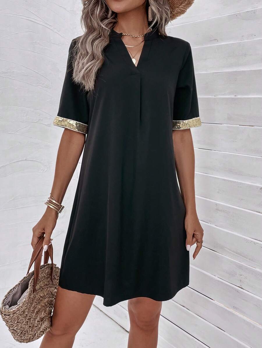 SHEIN LUNE Đầm ghép mộng kim sa Uốn nếp màu trơn Giải trí - màu đen - Xem 1