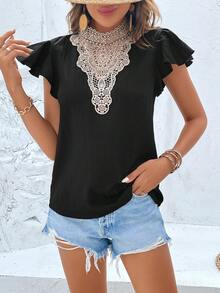 SHEIN LUNE Guipure Lace Panel Butterfly Sleeve Blouse - Black - View 6