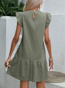 Breezaya 纯色荷叶边饰罩衫连衣裙 女式度假海滩装 - 軍綠色 - 查看 2