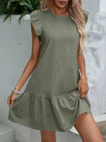 Breezaya 纯色荷叶边饰罩衫连衣裙 女式度假海滩装 - 軍綠色 - 查看 4