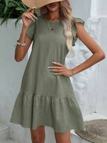 Breezaya 纯色荷叶边饰罩衫连衣裙 女式度假海滩装 - 軍綠色 - 查看 5