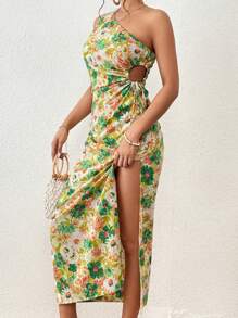 Chiquease Đầm Tách cao Cắt ra Hoa Tất cả trên in Boho - màu xanh lá - Xem 3