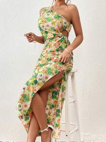 Chiquease Đầm Tách cao Cắt ra Hoa Tất cả trên in Boho - màu xanh lá - Xem 4