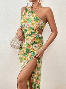Chiquease Đầm Tách cao Cắt ra Hoa Tất cả trên in Boho - màu xanh lá - Xem 5