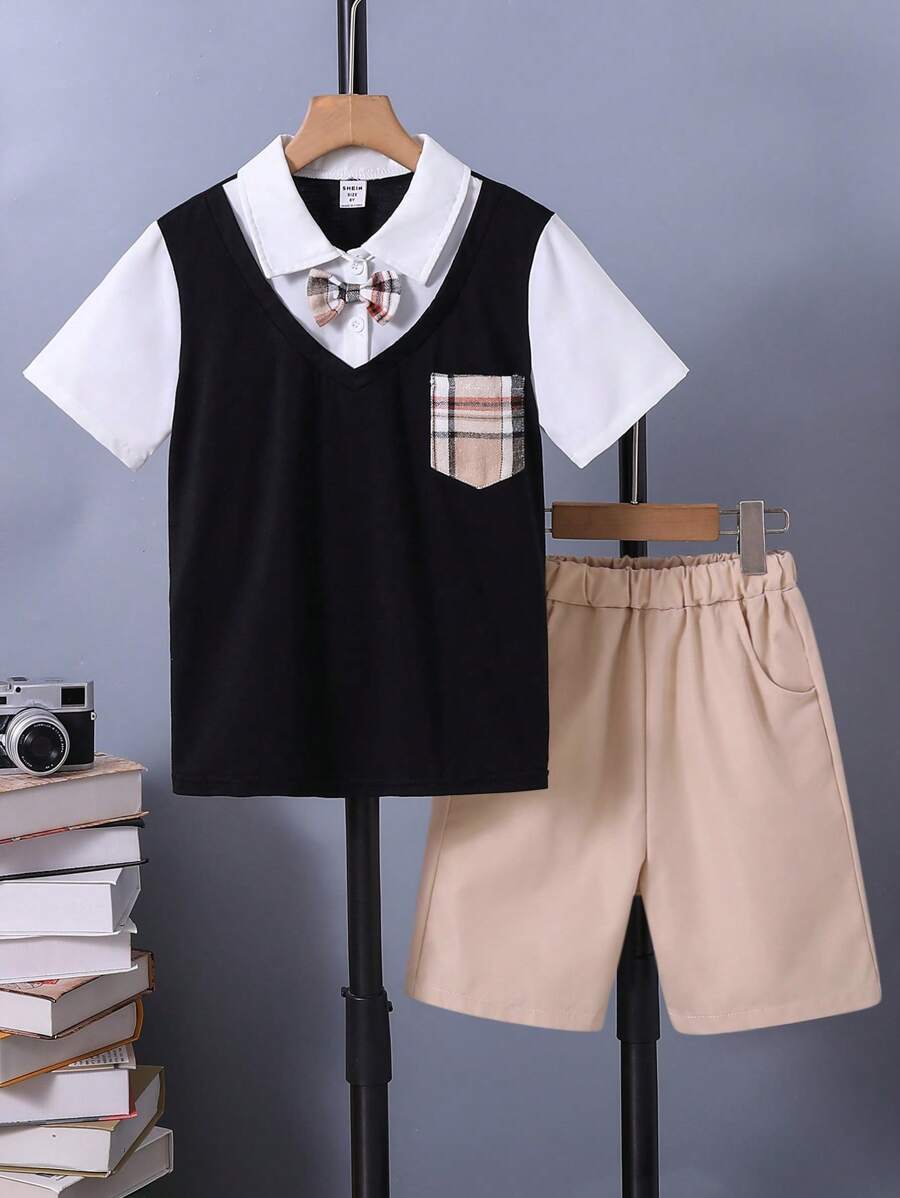 SHEIN Boys Plaid Print Bow Front 2 In 1 Polo Shirt & Shorts - Multicolor - View 1