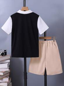 SHEIN Boys Plaid Print Bow Front 2 In 1 Polo Shirt & Shorts - Multicolor - View 2