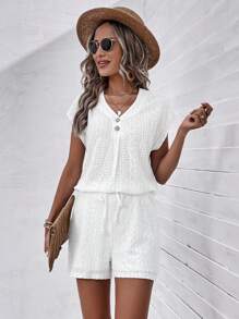SHEIN LUNE 網眼刺繡蝙蝠袖T恤和前繫帶短褲 - 白色 - 查看 5