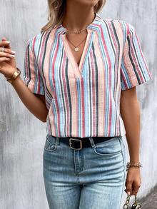 SHEIN LUNE 條紋印花缺口領襯衫 - 彩色 - 查看 4