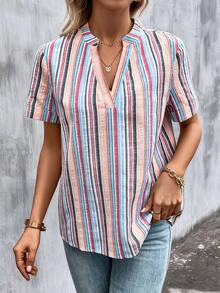 SHEIN LUNE 條紋印花缺口領襯衫 - 彩色 - 查看 5