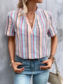 SHEIN LUNE 條紋印花缺口領襯衫 - 彩色 - 查看 1