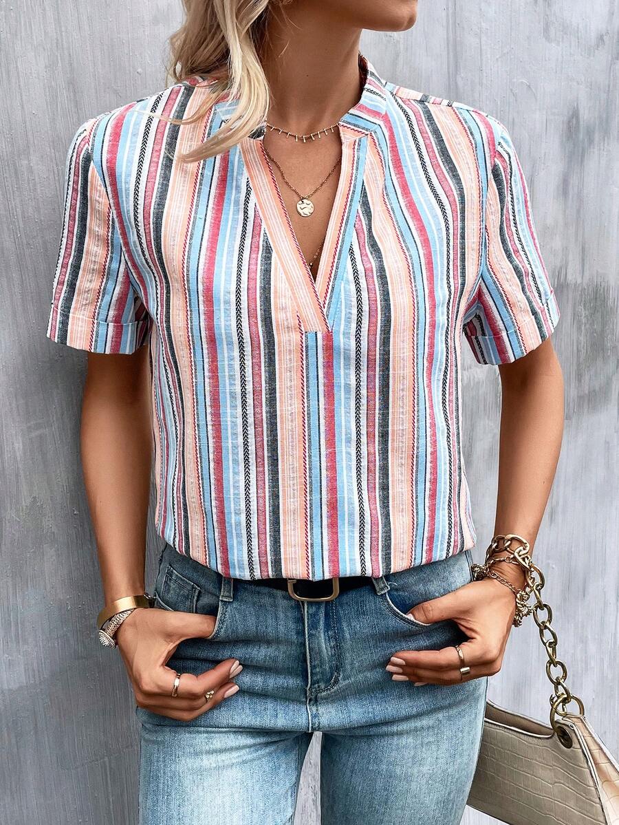 SHEIN LUNE 條紋印花缺口領襯衫 - 彩色 - 查看 1