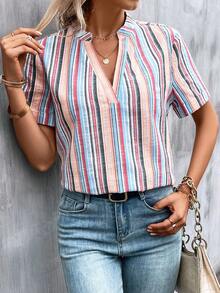 SHEIN LUNE 條紋印花缺口領襯衫 - 彩色 - 查看 6