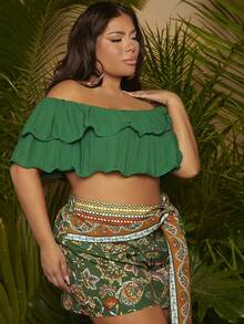 SHEIN SXY Plus Off Shoulder Ruffle Trim Crop Top - Green - View 5